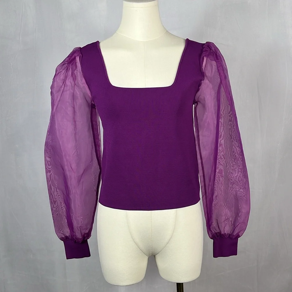 Revolve House of‎ Harlow Chiffon Organza Puff Sleeve Cropped Blouse Purple.